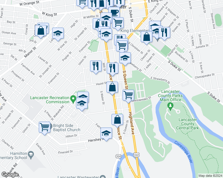 map of restaurants, bars, coffee shops, grocery stores, and more near 530 South Prince Street in Lancaster
