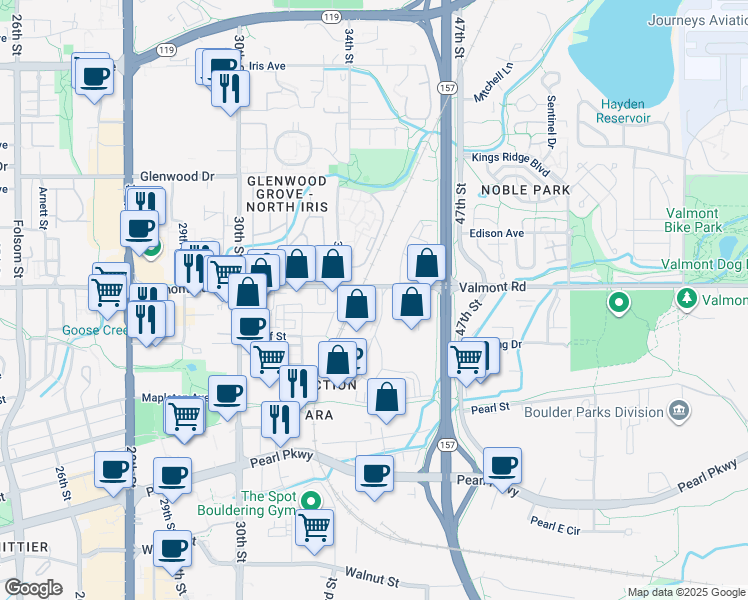 map of restaurants, bars, coffee shops, grocery stores, and more near 2990 Wilderness Place in Boulder