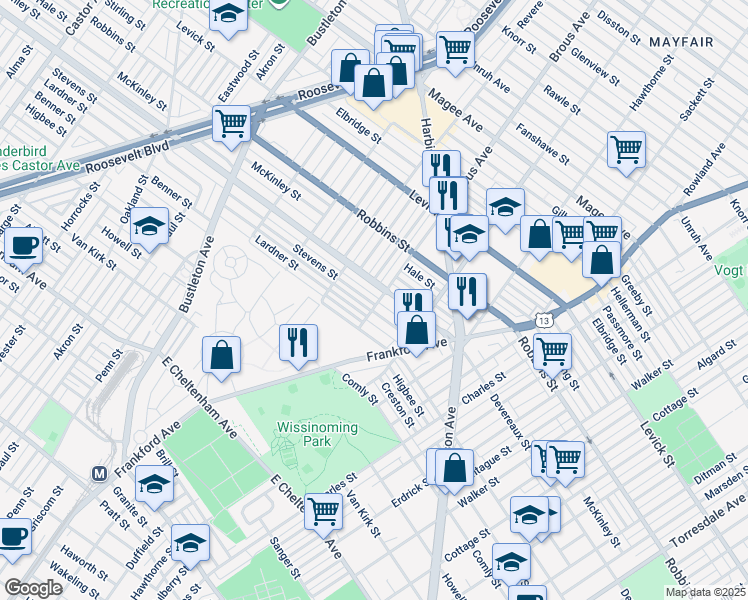 map of restaurants, bars, coffee shops, grocery stores, and more near 2859 Stevens Street in Philadelphia