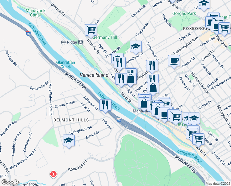 map of restaurants, bars, coffee shops, grocery stores, and more near 59R Leverington Avenue in Philadelphia