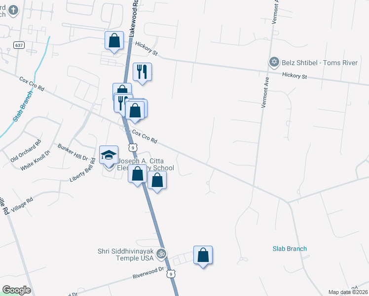 map of restaurants, bars, coffee shops, grocery stores, and more near 1094 Cox Cro Road in Toms River