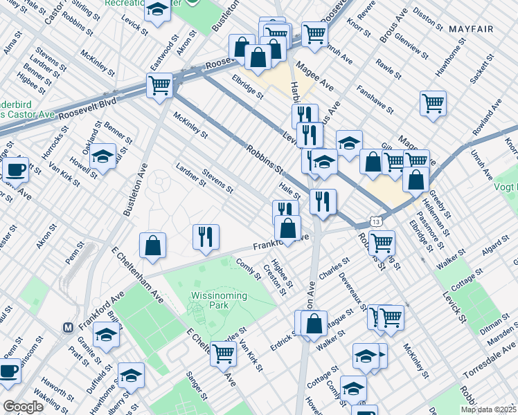 map of restaurants, bars, coffee shops, grocery stores, and more near 2859 Stevens Street in Philadelphia