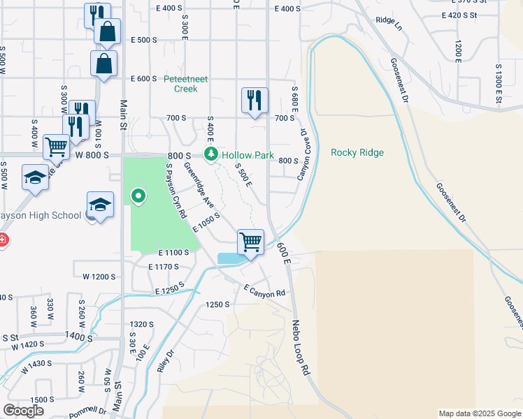 map of restaurants, bars, coffee shops, grocery stores, and more near 1292 South 500 East in Payson