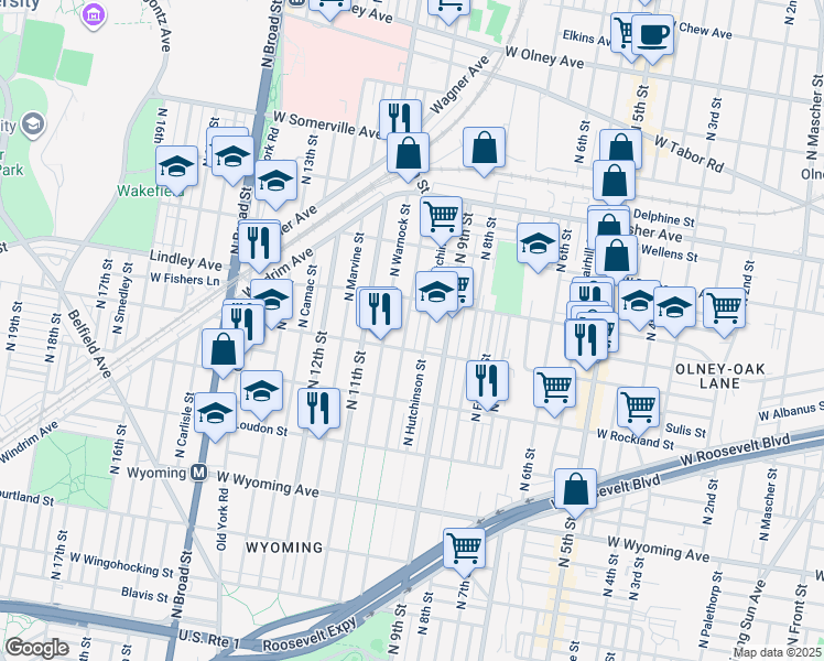 map of restaurants, bars, coffee shops, grocery stores, and more near 5021 North 10th Street in Philadelphia