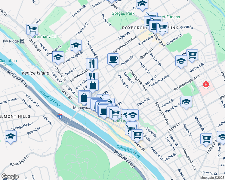 map of restaurants, bars, coffee shops, grocery stores, and more near 4461 Silverwood Street in Philadelphia