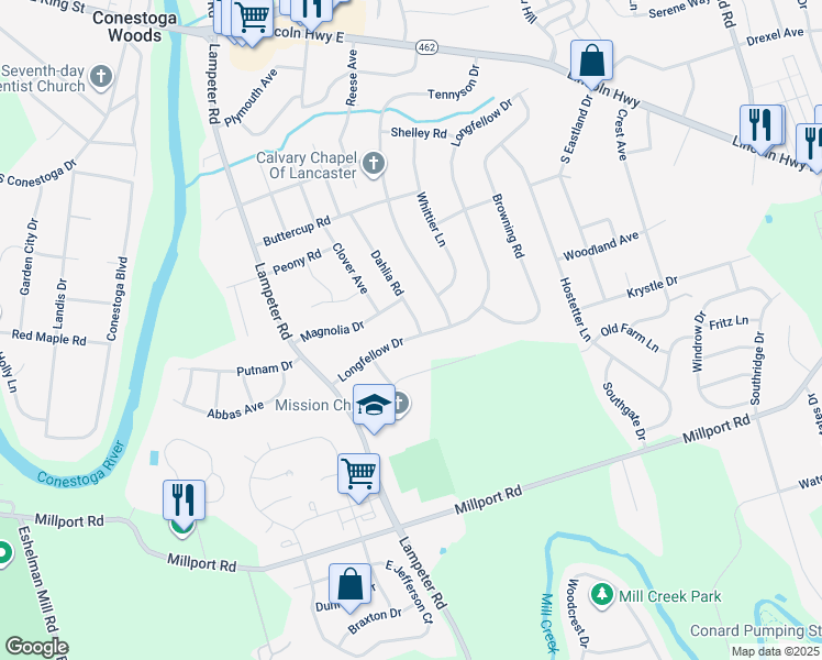 map of restaurants, bars, coffee shops, grocery stores, and more near 358 Dahlia Road in Lancaster
