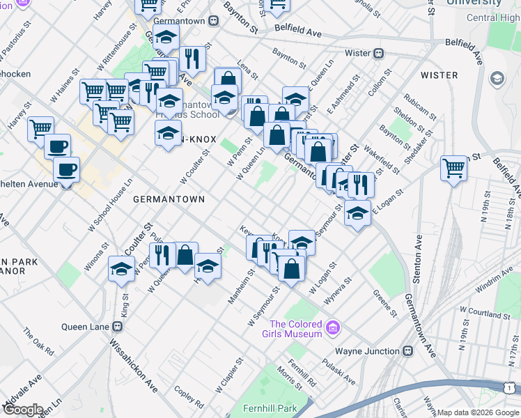 map of restaurants, bars, coffee shops, grocery stores, and more near 127 Hansberry Street in Philadelphia