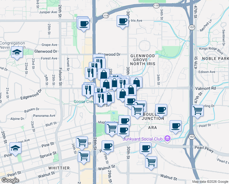 map of restaurants, bars, coffee shops, grocery stores, and more near 2900 Valmont Road in Boulder