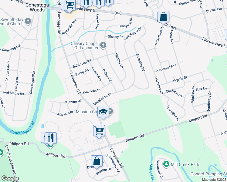 map of restaurants, bars, coffee shops, grocery stores, and more near 358 Dahlia Road in Lancaster