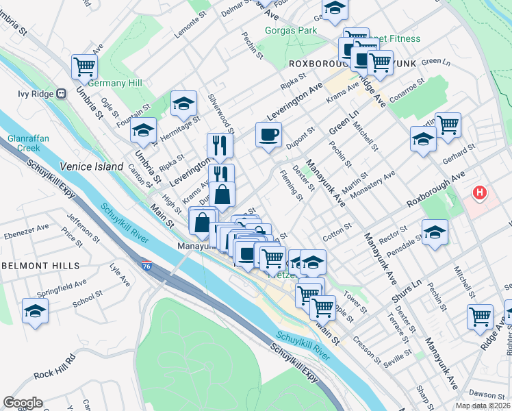 map of restaurants, bars, coffee shops, grocery stores, and more near 219 Green Lane in Philadelphia