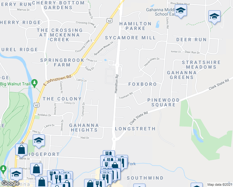map of restaurants, bars, coffee shops, grocery stores, and more near 430 North Hamilton Road in Gahanna
