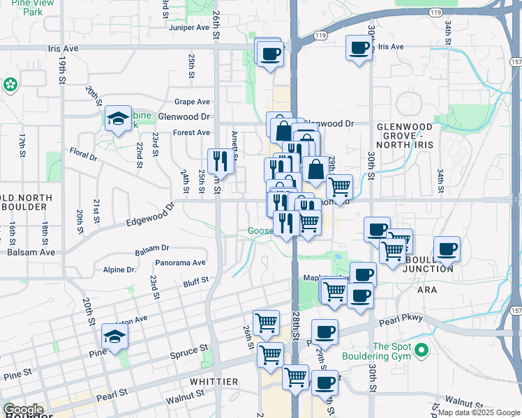 map of restaurants, bars, coffee shops, grocery stores, and more near 2700 Valmont Road in Boulder