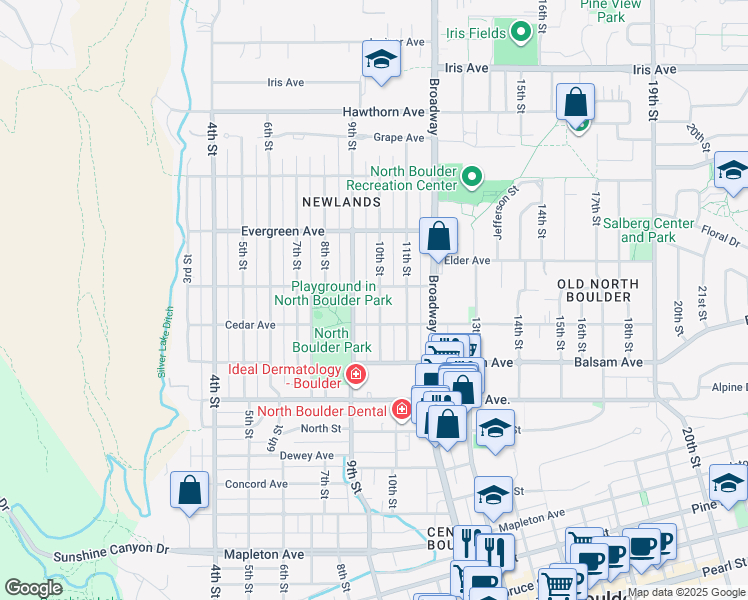 map of restaurants, bars, coffee shops, grocery stores, and more near 900 Dellwood Avenue in Boulder