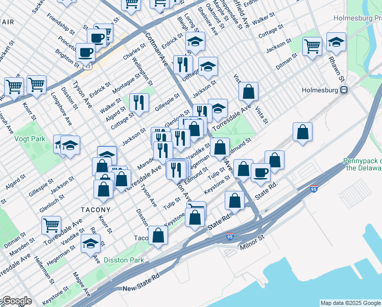 map of restaurants, bars, coffee shops, grocery stores, and more near 7158 Vandike Street in Philadelphia