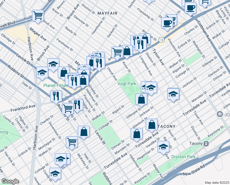 map of restaurants, bars, coffee shops, grocery stores, and more near 6620 Erdrick Street in Philadelphia