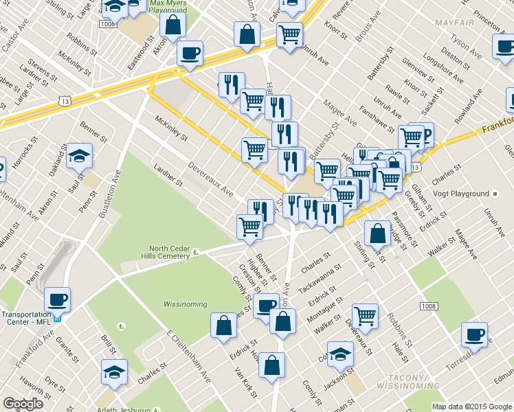 map of restaurants, bars, coffee shops, grocery stores, and more near 2930 McKinley Street in Philadelphia