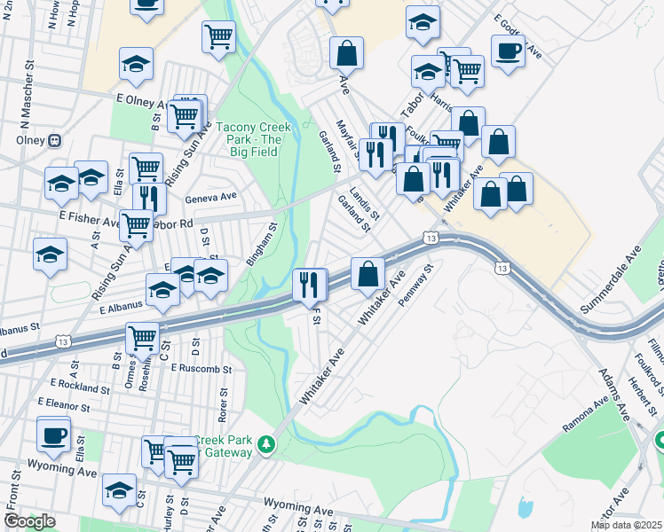 map of restaurants, bars, coffee shops, grocery stores, and more near 5107 F Street in Philadelphia