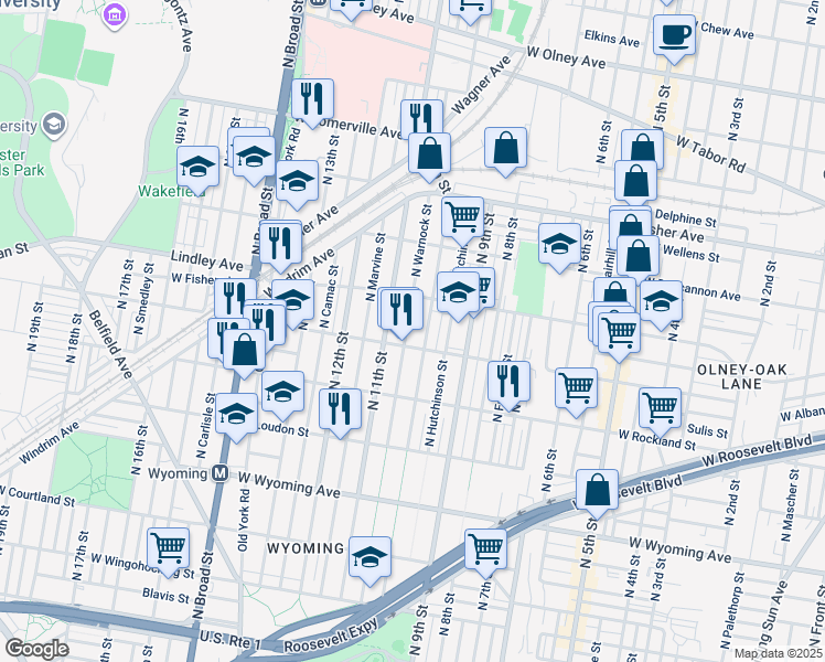 map of restaurants, bars, coffee shops, grocery stores, and more near 5015 North Warnock Street in Philadelphia