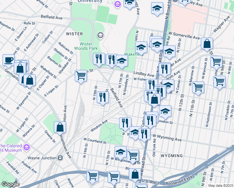 map of restaurants, bars, coffee shops, grocery stores, and more near 4933 North 17th Street in Philadelphia