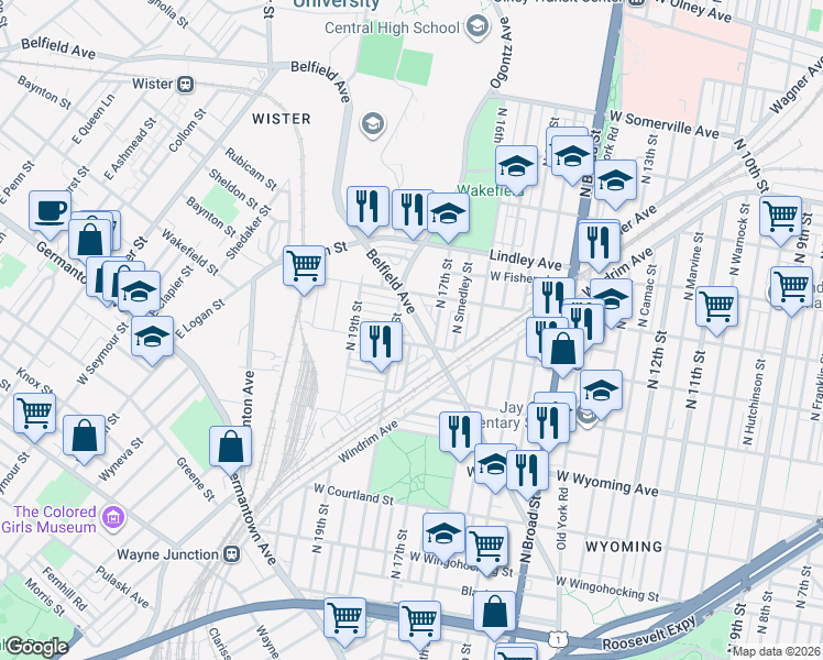 map of restaurants, bars, coffee shops, grocery stores, and more near 1734 Belfield Avenue in Philadelphia