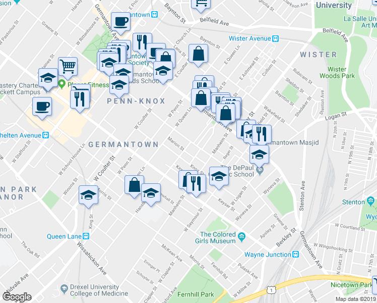 map of restaurants, bars, coffee shops, grocery stores, and more near 127 Hansberry Street in Philadelphia