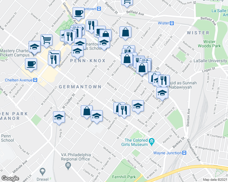 map of restaurants, bars, coffee shops, grocery stores, and more near 127 Hansberry Street in Philadelphia