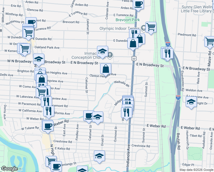 map of restaurants, bars, coffee shops, grocery stores, and more near 345 East Longview Avenue in Columbus