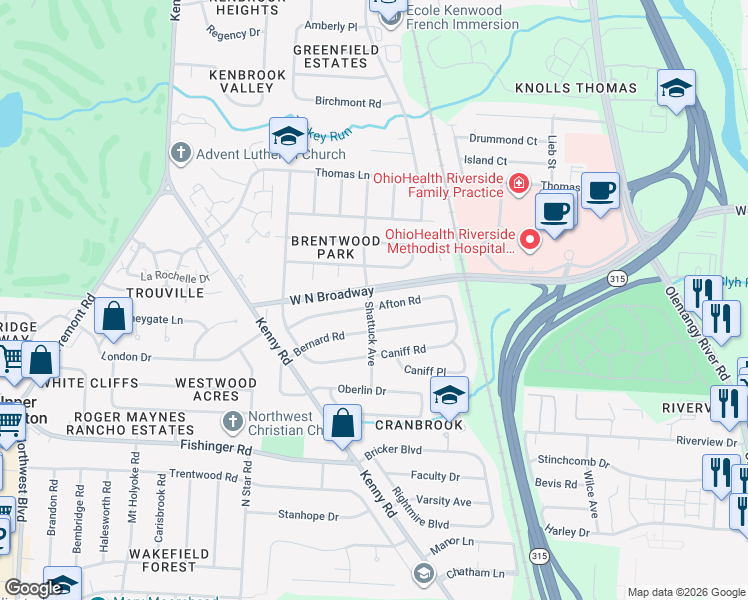 map of restaurants, bars, coffee shops, grocery stores, and more near 978 Afton Road in Columbus