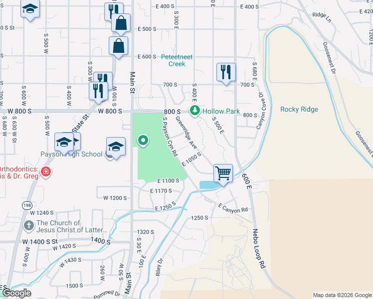 map of restaurants, bars, coffee shops, grocery stores, and more near 354 East 950 South in Payson