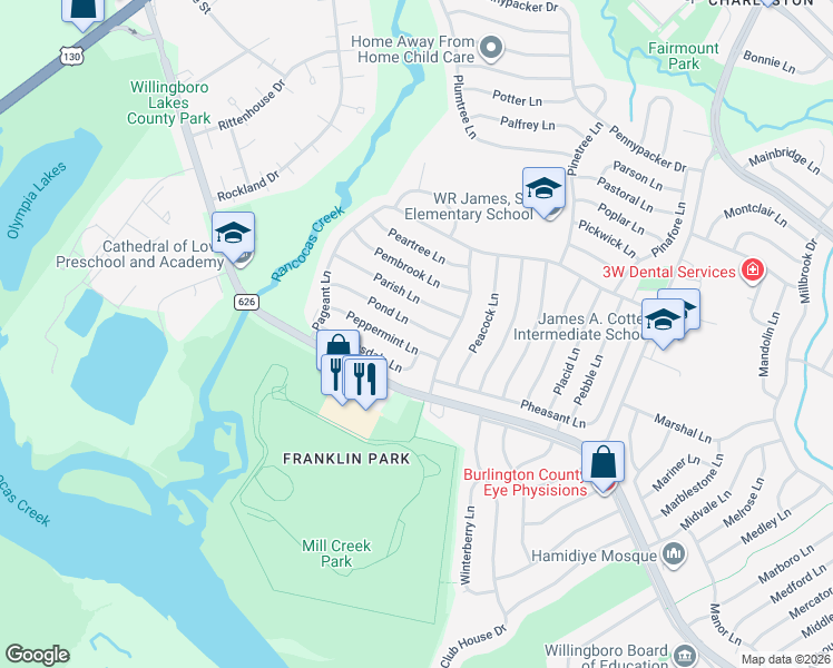 map of restaurants, bars, coffee shops, grocery stores, and more near 52 Pond Lane in Willingboro