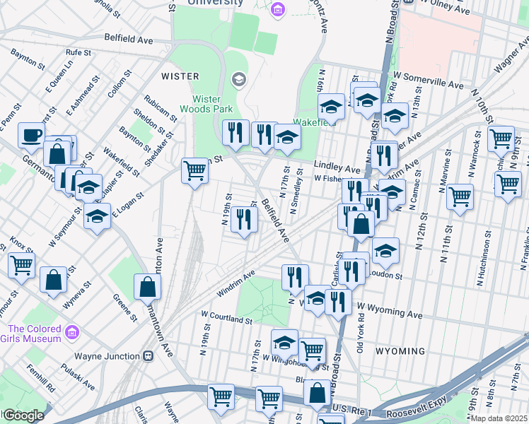 map of restaurants, bars, coffee shops, grocery stores, and more near 1734 Belfield Avenue in Philadelphia