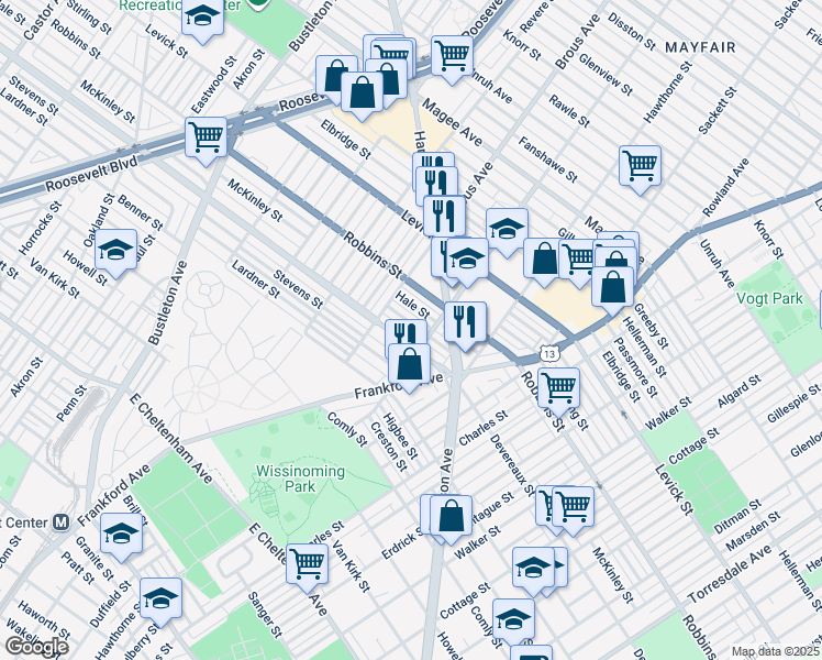 map of restaurants, bars, coffee shops, grocery stores, and more near 2942 McKinley Street in Philadelphia