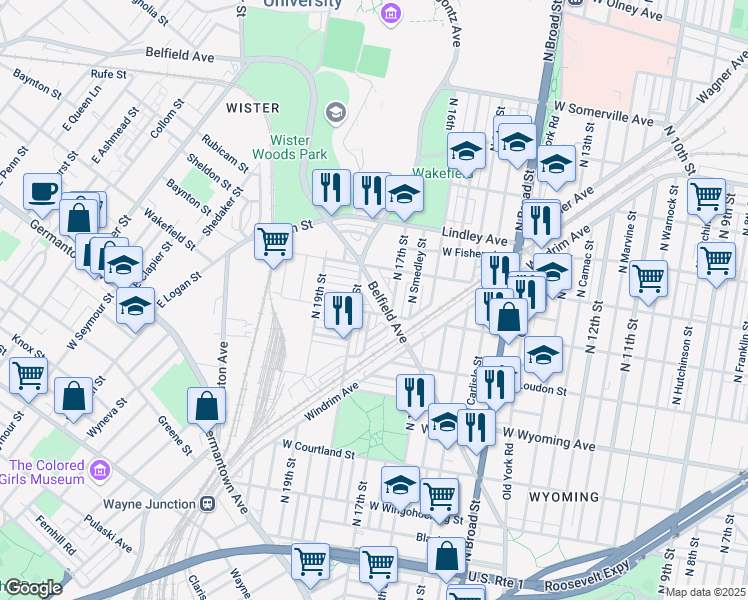 map of restaurants, bars, coffee shops, grocery stores, and more near 1722 Belfield Avenue in Philadelphia