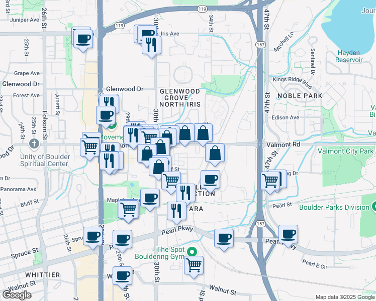 map of restaurants, bars, coffee shops, grocery stores, and more near 3210 Valmont Road in Boulder