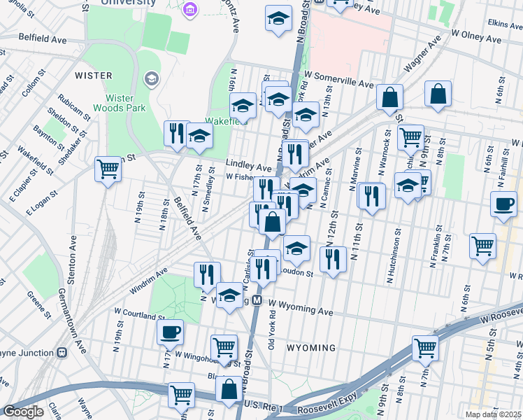map of restaurants, bars, coffee shops, grocery stores, and more near 4933 North Carlisle Street in Philadelphia