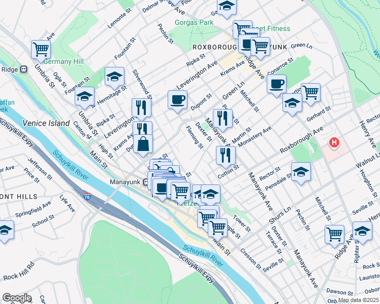 map of restaurants, bars, coffee shops, grocery stores, and more near 182 Gay Street in Philadelphia