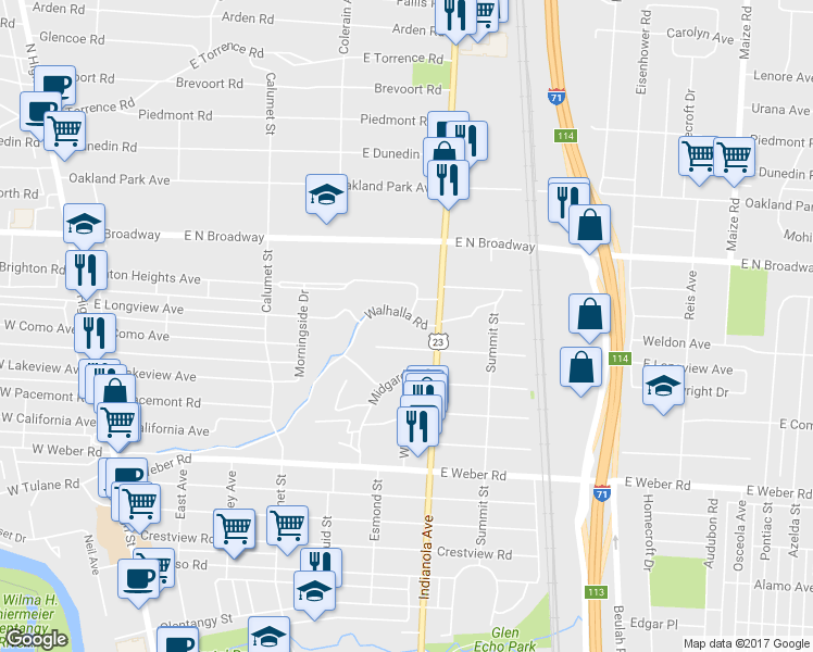 map of restaurants, bars, coffee shops, grocery stores, and more near 455 Walhalla Road in Columbus