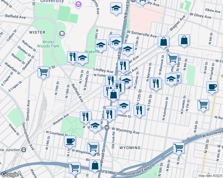 map of restaurants, bars, coffee shops, grocery stores, and more near 4940 North Broad Street in Philadelphia