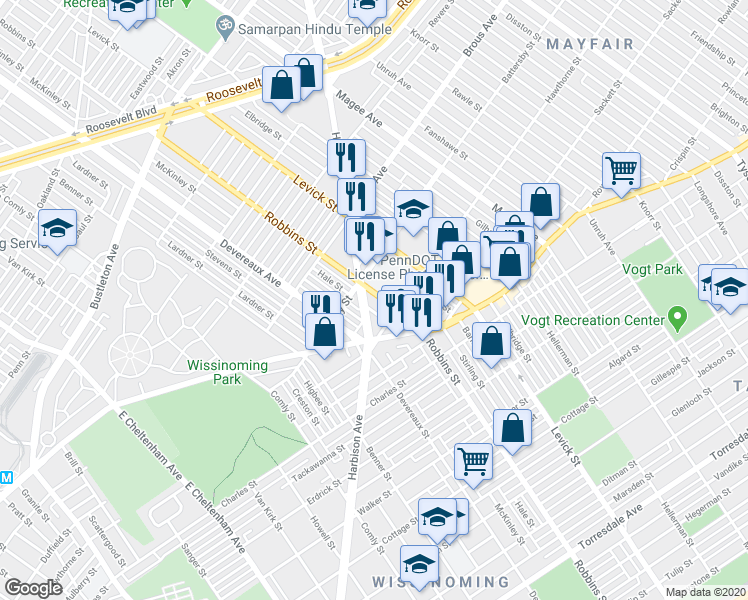 map of restaurants, bars, coffee shops, grocery stores, and more near 3018 Robbins Avenue in Philadelphia
