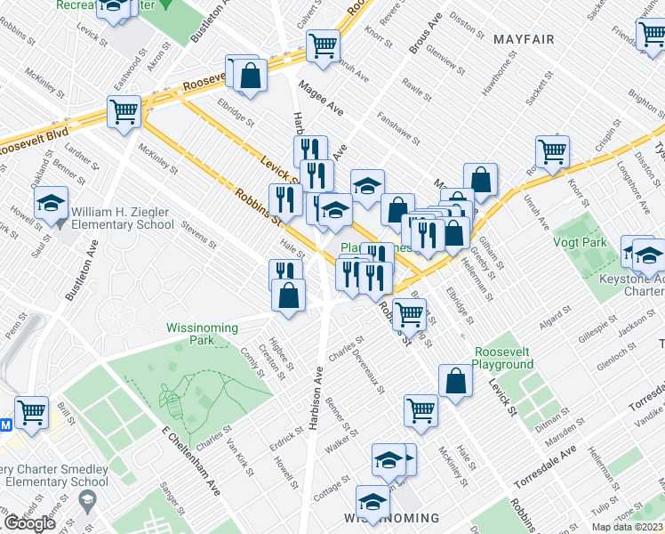 map of restaurants, bars, coffee shops, grocery stores, and more near 3018 Robbins Avenue in Philadelphia