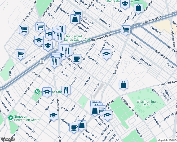 map of restaurants, bars, coffee shops, grocery stores, and more near 1553 East Cheltenham Avenue in Philadelphia