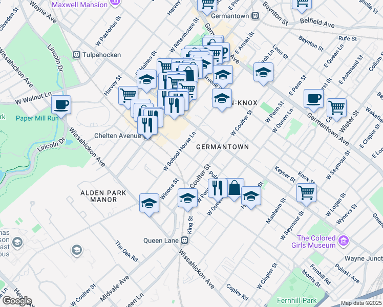 map of restaurants, bars, coffee shops, grocery stores, and more near 241 Winona Street in Philadelphia