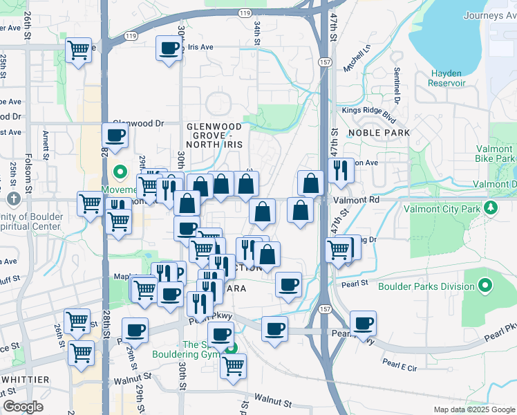 map of restaurants, bars, coffee shops, grocery stores, and more near 3400 Valmont Road in Boulder