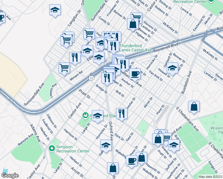 map of restaurants, bars, coffee shops, grocery stores, and more near 5322 Large Street in Philadelphia
