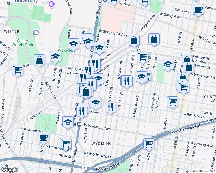 map of restaurants, bars, coffee shops, grocery stores, and more near 5001 North Camac Street in Philadelphia