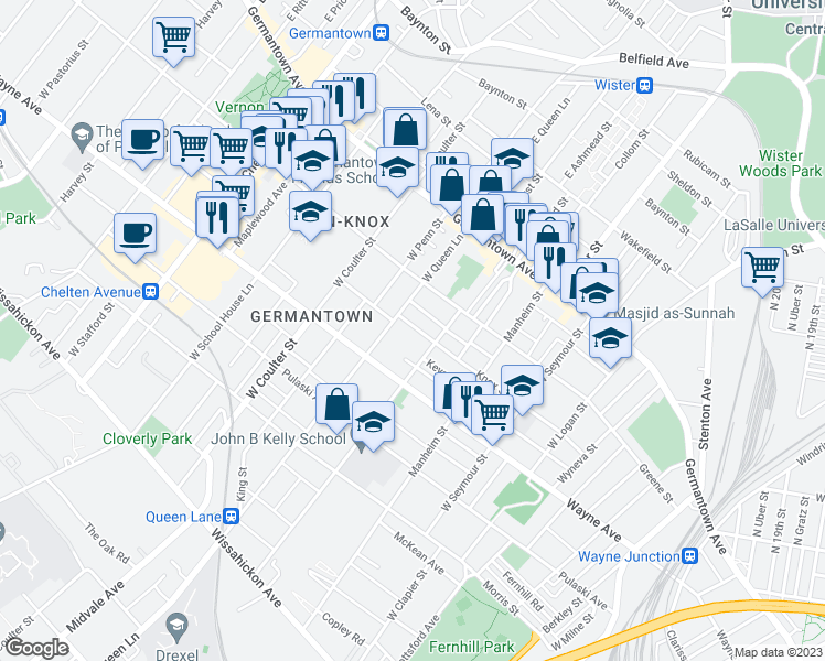map of restaurants, bars, coffee shops, grocery stores, and more near 5230 Knox Street in Philadelphia