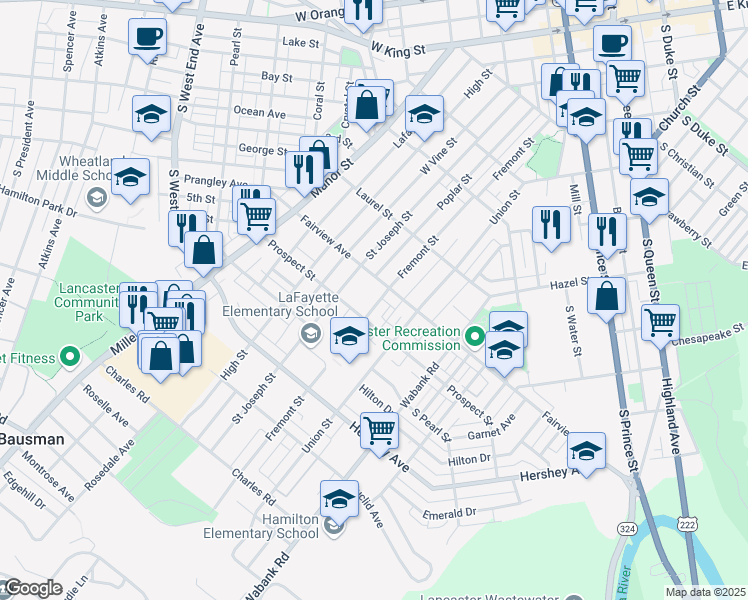 map of restaurants, bars, coffee shops, grocery stores, and more near 831 Fremont Street in Lancaster