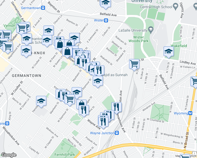 map of restaurants, bars, coffee shops, grocery stores, and more near 4927 Germantown Avenue in Philadelphia
