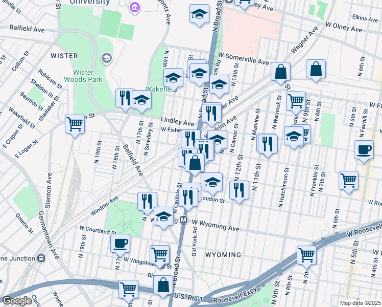 map of restaurants, bars, coffee shops, grocery stores, and more near 4940 North Broad Street in Philadelphia