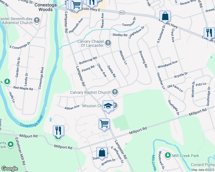 map of restaurants, bars, coffee shops, grocery stores, and more near 1624 Magnolia Drive in Lancaster